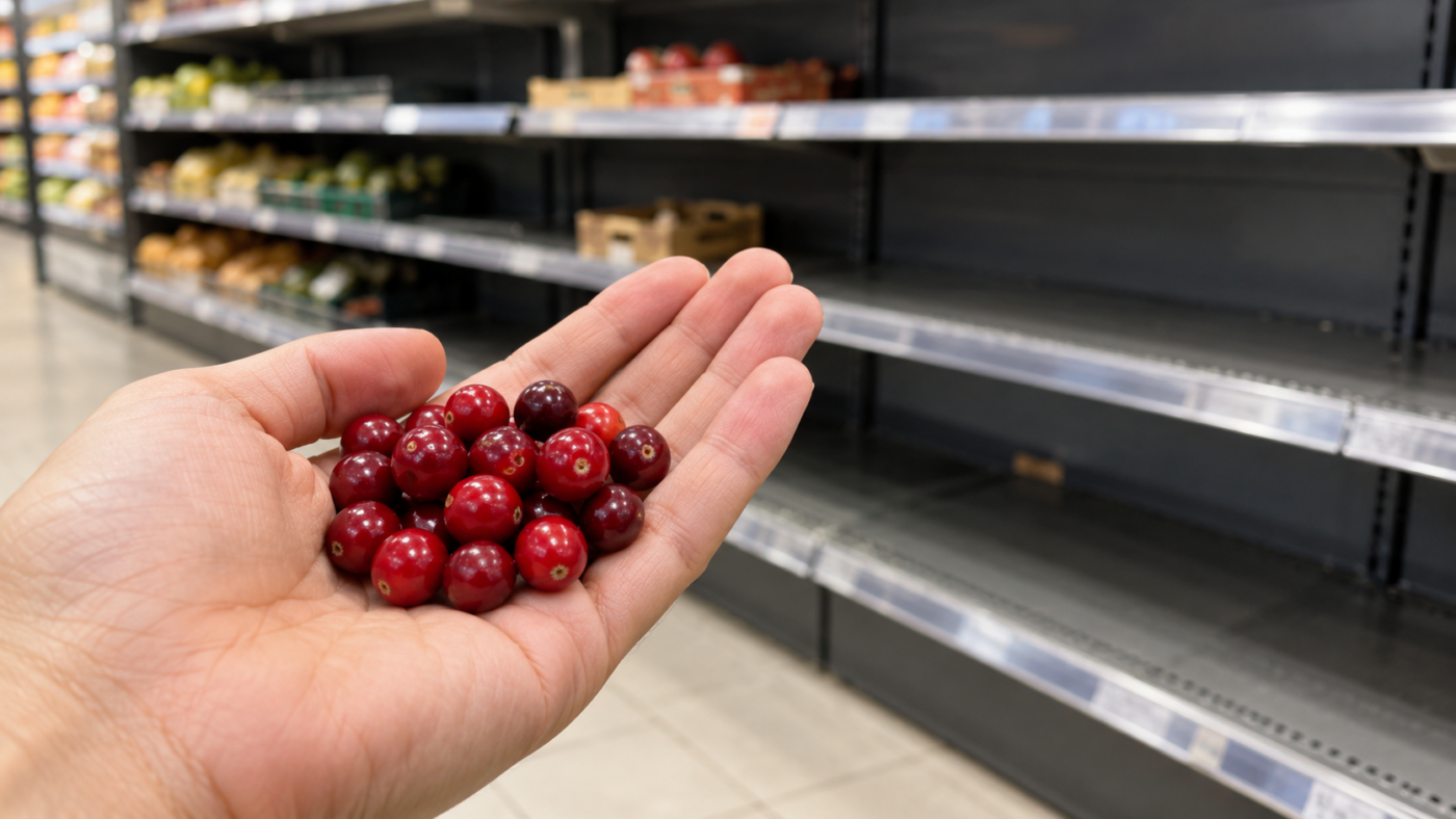 Petites baies rouges posées dans une main ouverte devant une étagère de supermarché vide
