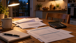 Une table de cuisine en bois avec une calculatrice, des enveloppes administratives ouvertes et un relevé de pension, sous une lampe allumée.