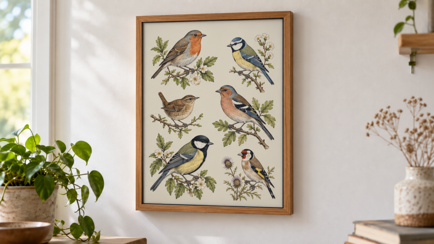 Cadre A4 en bois accroché à un mur clair, écran e-ink couleur montrant des illustrations anciennes d’oiseaux de tailles différentes sur fond crème.