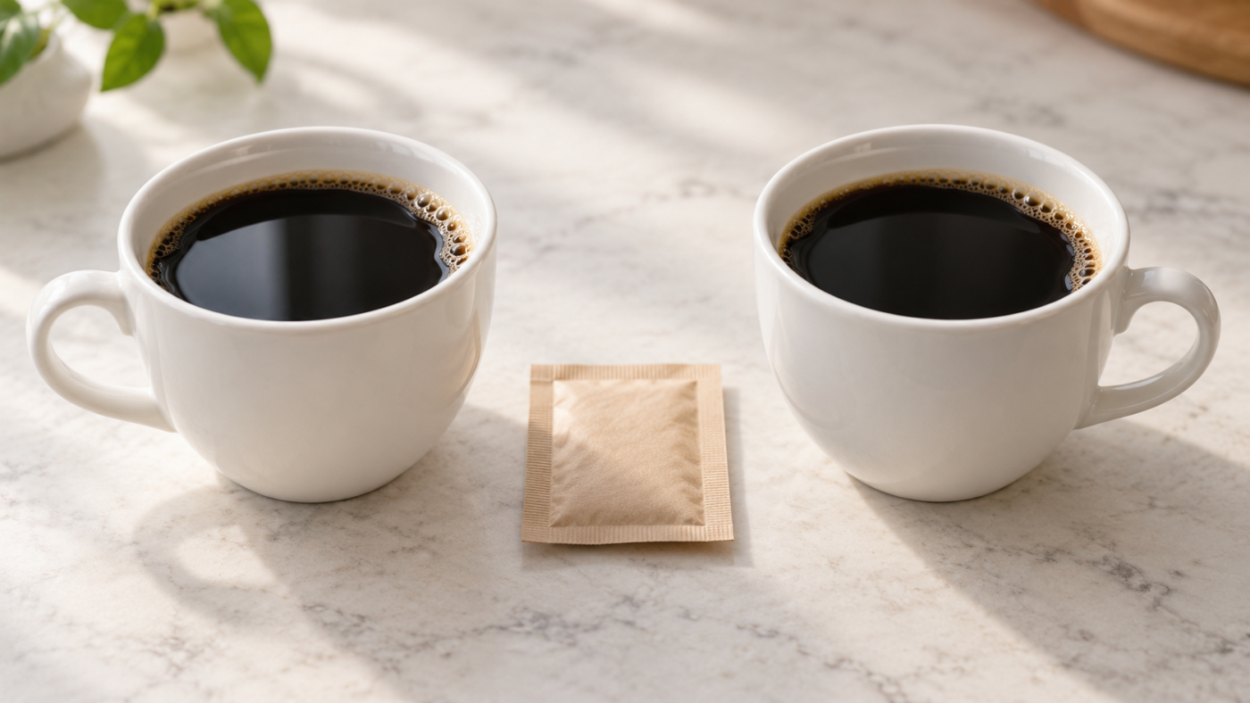 Deux tasses de café noir identiques posées côte à côte sur une table claire, avec un petit sachet de papier sans étiquette entre elles.