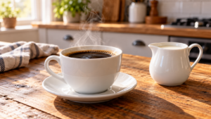 Tasse de café noir fumante en porcelaine blanche sur une table de cuisine en bois, à côté d’un petit pot de lait froid