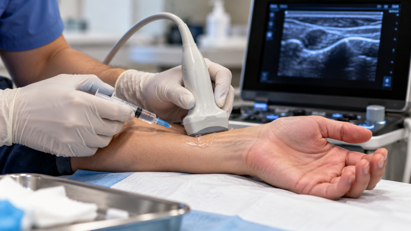 Sonde d’échographie posée sur l’intérieur d’un poignet, pendant une injection guidée