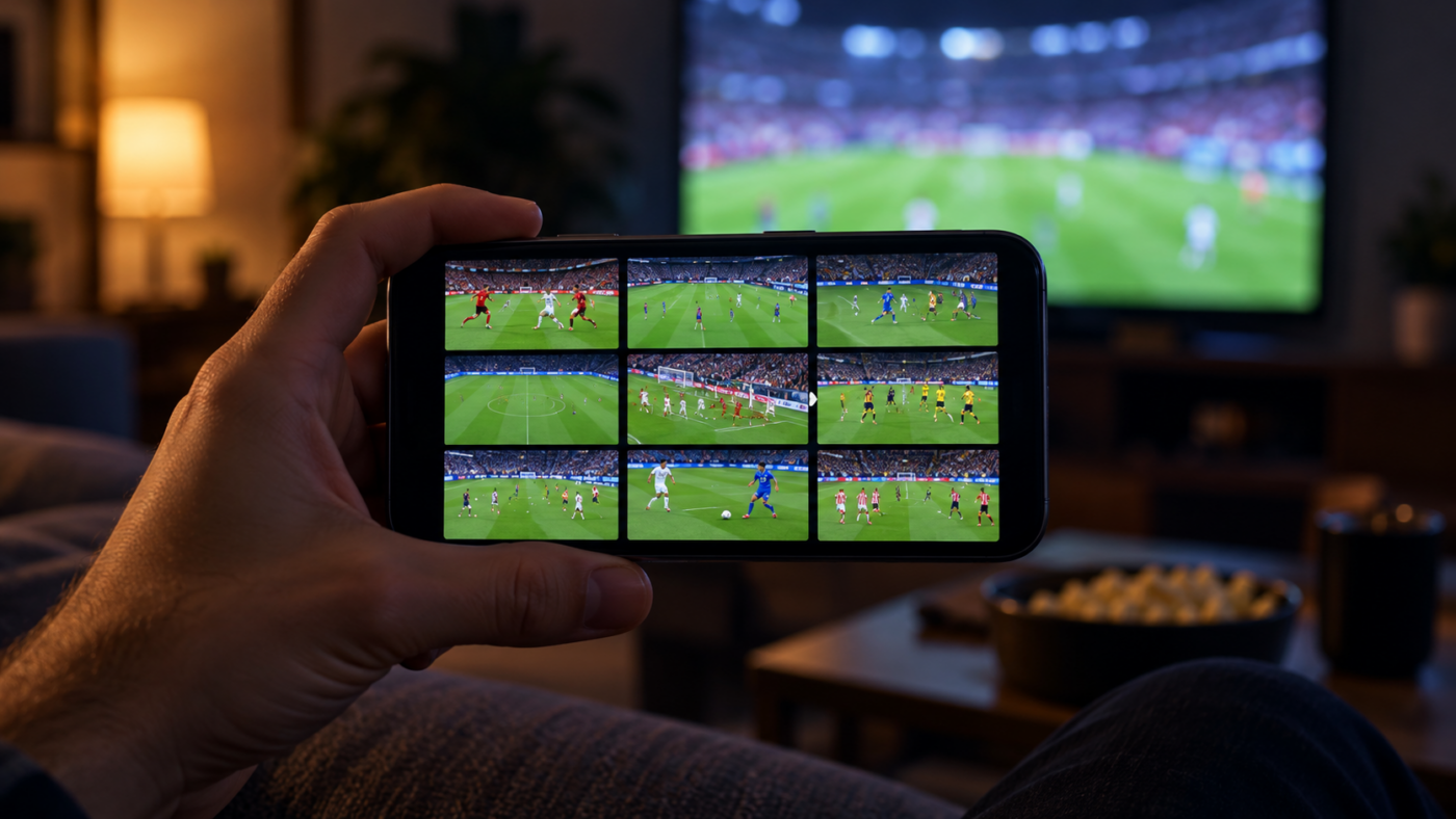 Une main tient un smartphone dont l’écran affiche une grille de neuf petites vignettes de matchs, un téléviseur flou en arrière-plan.