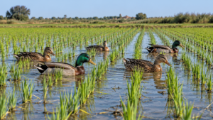 Des canards nagent entre les rangs de jeunes plants de riz dans une rizière inondée de Camargue.