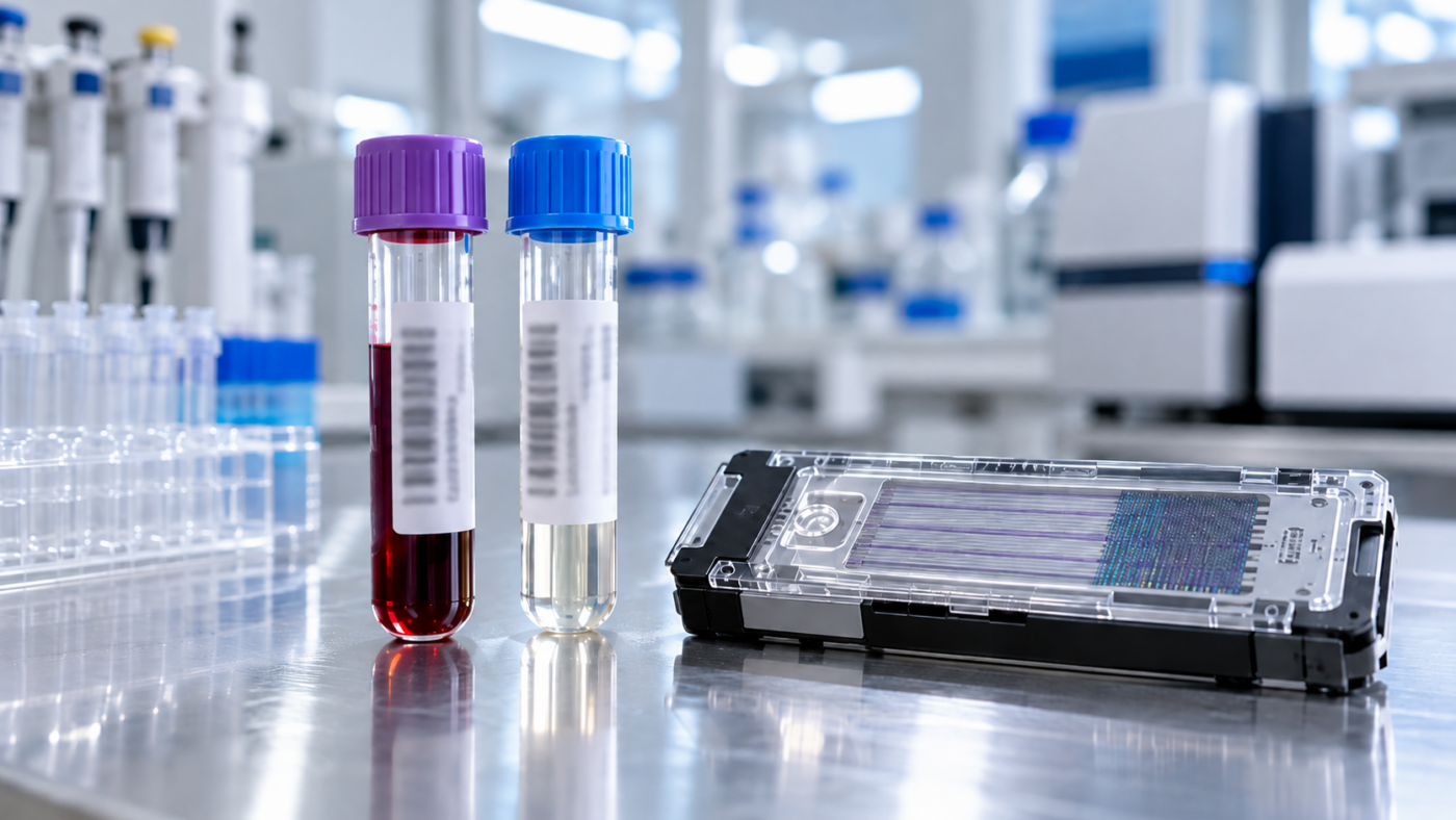 Deux tubes d’échantillons côte à côte près d’une cartouche de séquençage d’ADN, sur une paillasse de laboratoire