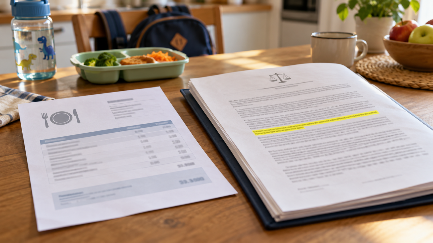 Une facture de cantine posée à côté d’un jugement ouvert, une ligne surlignée, sur une table de cuisine