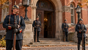 Des soldats prussiens en casque à pointe gardent l’entrée d’un hôtel de ville en brique, en automne