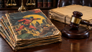 Une pile de vieux comics des années 1940 posée à côté d'un marteau de juge et d'un dossier jauni