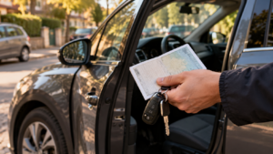 Une main tient des clés et un document plié près de la portière ouverte d’une voiture d’occasion garée dans une rue résidentielle