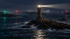 Vue nocturne d'une côte atlantique où des faisceaux de phares blancs, rouges et verts balaient la mer sombre, un phare de pierre sur un îlot au premier plan.
