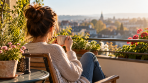 Une personne vue de dos prend son café seule sur un balcon fleuri, au soleil du matin