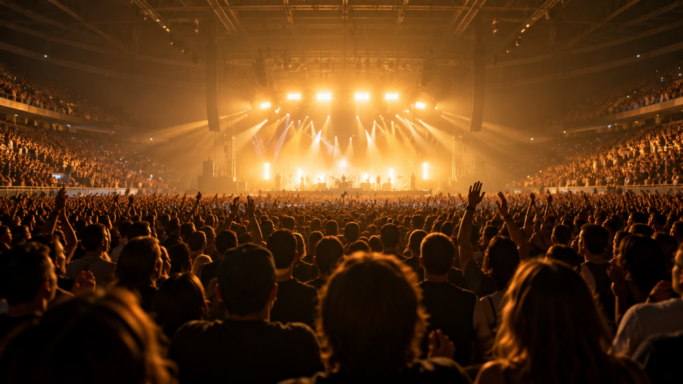 Une arène de concert plongée dans la pénombre, des milliers de spectateurs de dos face à une scène illuminée