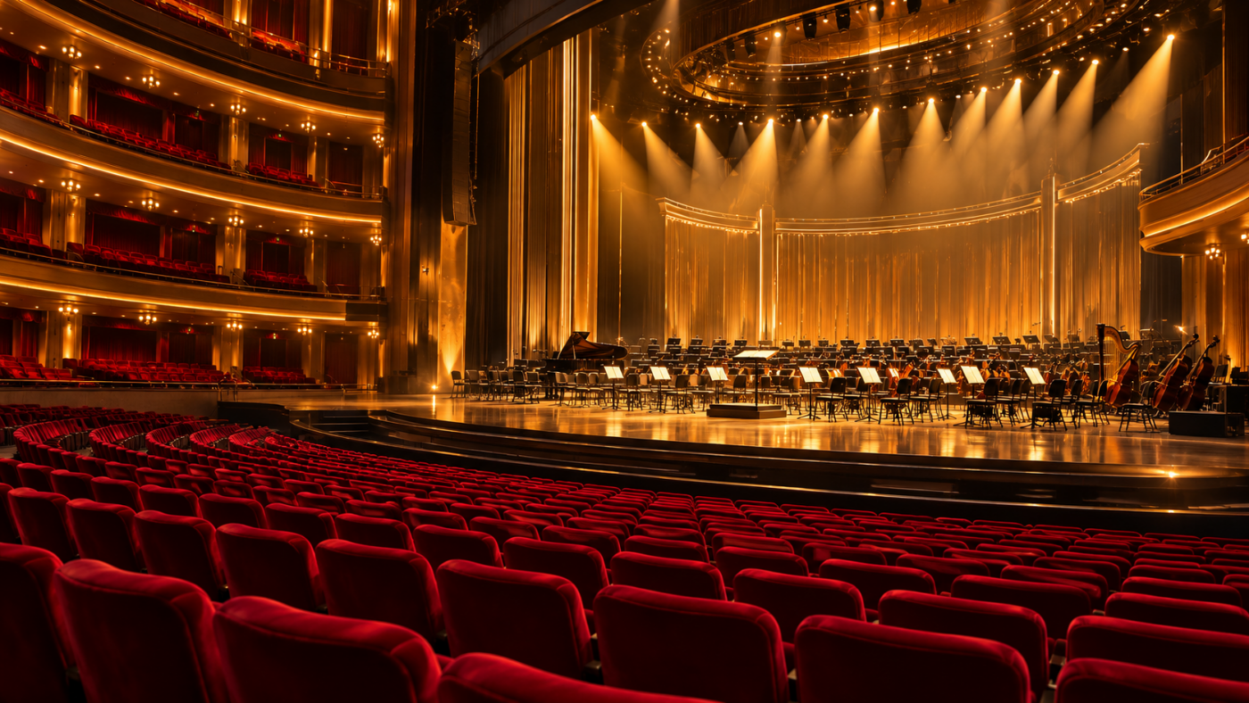 Une grande salle de spectacle vide, sièges rouges et pupitres d’orchestre sous les projecteurs dorés