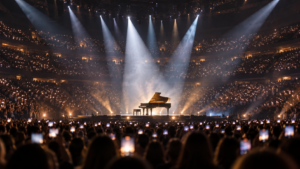 Une immense salle de concert plongée dans la pénombre, un piano éclairé sur scène et le public vu de dos, téléphones allumés