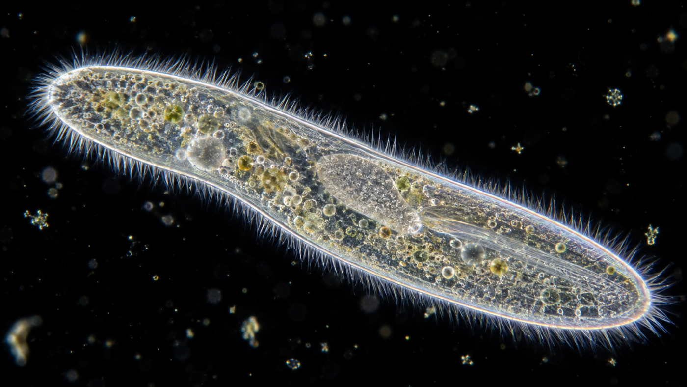Vue au microscope sur fond noir d’un long organisme unicellulaire translucide, bordé de cils fins, flottant dans une goutte d’eau de mare.
