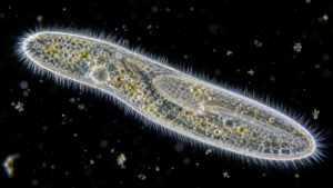 Vue au microscope sur fond noir d’un long organisme unicellulaire translucide, bordé de cils fins, flottant dans une goutte d’eau de mare.