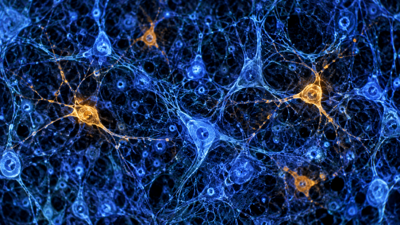 Tissu cérébral vu au microscope, quelques rares cellules ambrées au milieu d'un réseau de neurones bleutés