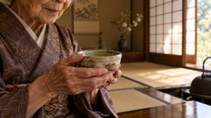 Mains ridées d'une femme très âgée tenant un bol de thé dans une maison japonaise traditionnelle