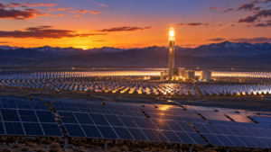 Tour solaire entourée de miroirs au crépuscule sur un haut plateau aride, panneaux photovoltaïques au premier plan