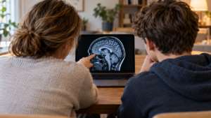 Un parent et un adolescent, vus de dos, regardent ensemble une image d'IRM cérébrale sur un ordinateur portable