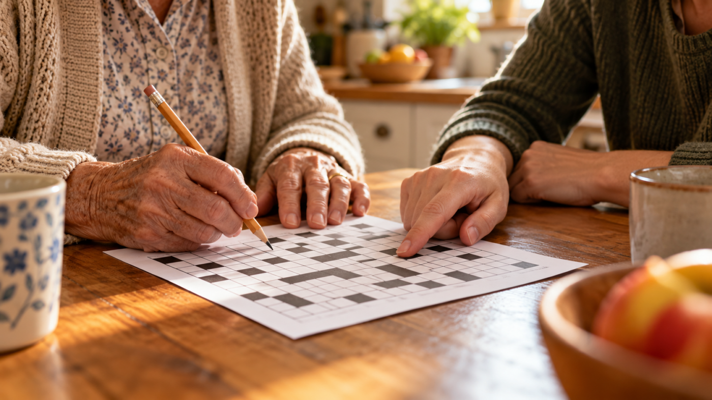 Deux paires de mains de générations différentes remplissent ensemble une grille de mots croisés sur une table de cuisine en bois.