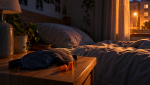 Chambre étudiante la nuit, la lumière de la rue passe par un rideau entrouvert, bouchons d'oreille et masque de nuit sur la table de chevet