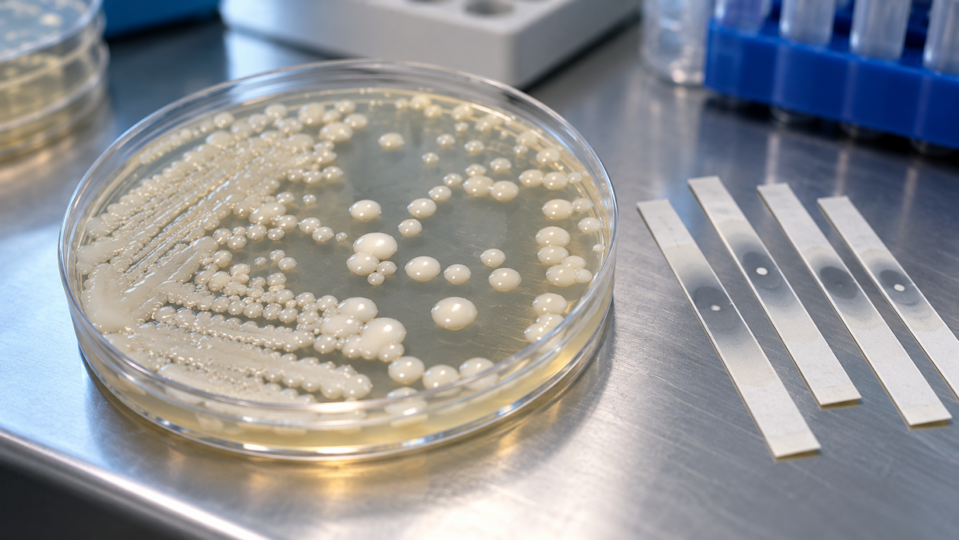 Boîte de Petri portant des colonies blanches de levure, à côté de bandelettes de test d'antifongiques, dans un laboratoire de microbiologie hospitalière