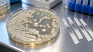 Boîte de Petri portant des colonies blanches de levure, à côté de bandelettes de test d'antifongiques, dans un laboratoire de microbiologie hospitalière