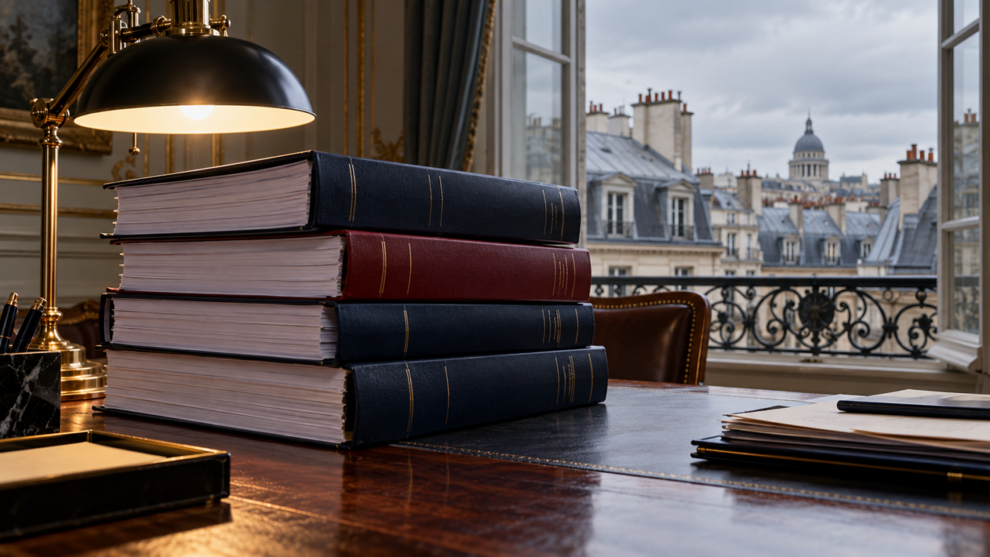 Une pile de gros volumes budgétaires reliés sur un bureau en bois sombre, sous une lampe de bureau allumée, devant une fenêtre ouverte sur des toits de zinc parisiens gris.