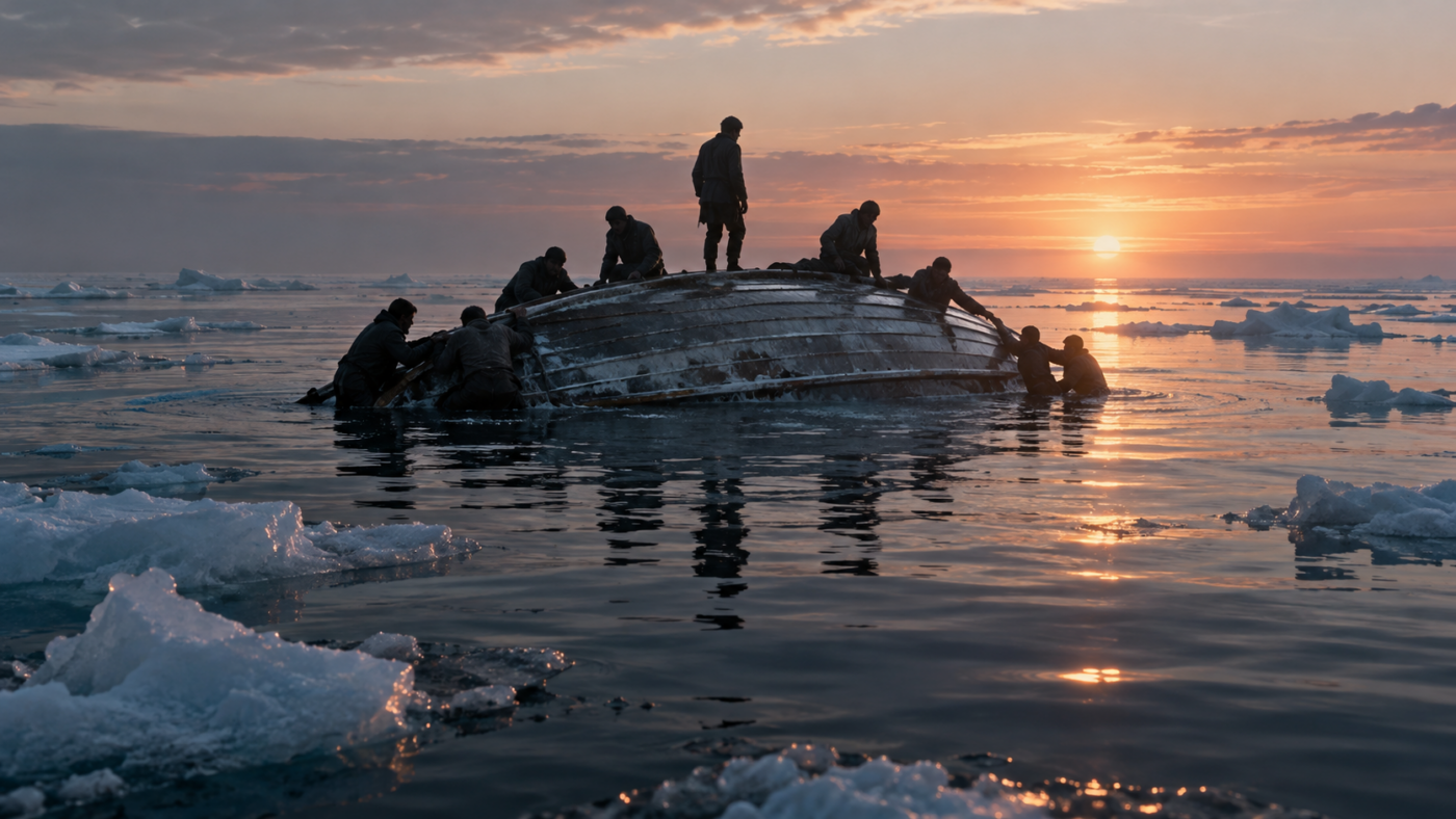 Un canot pliant retourné, quille en l’air, avec des silhouettes debout dessus, sur une mer d’huile à l’aube parsemée de glaces