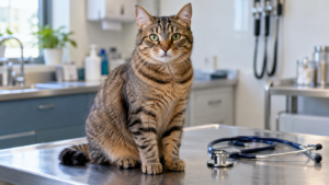 Un chat tigré adulte assis sur une table d'examen en inox dans une salle de consultation vétérinaire, un stéthoscope posé à côté de lui.