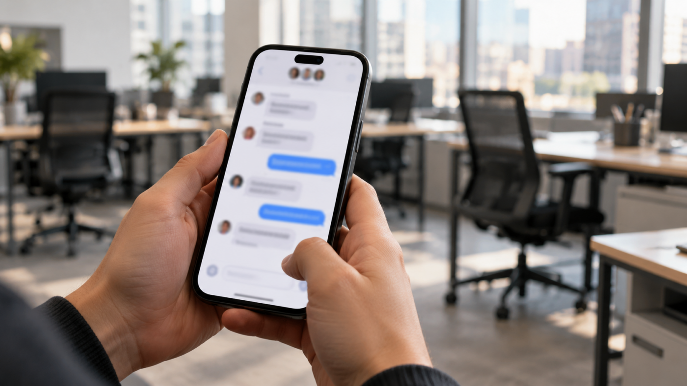Mains tenant un smartphone ouvert sur une conversation de groupe floue, dans un bureau aux chaises vides