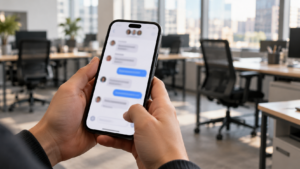 Mains tenant un smartphone ouvert sur une conversation de groupe floue, dans un bureau aux chaises vides