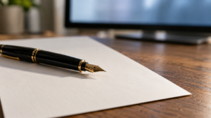 Un stylo à encre posé sur une feuille à dessin vierge, coin de signature vide, à côté d’un écran d’ordinateur flou