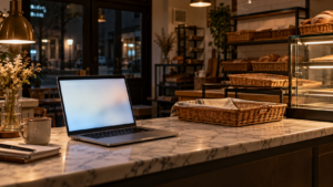 Ordinateur portable ouvert sur le comptoir en marbre d’une petite boulangerie fermée, écran allumé dont le contenu n’est pas lisible, corbeilles à pain vides en arrière-plan.