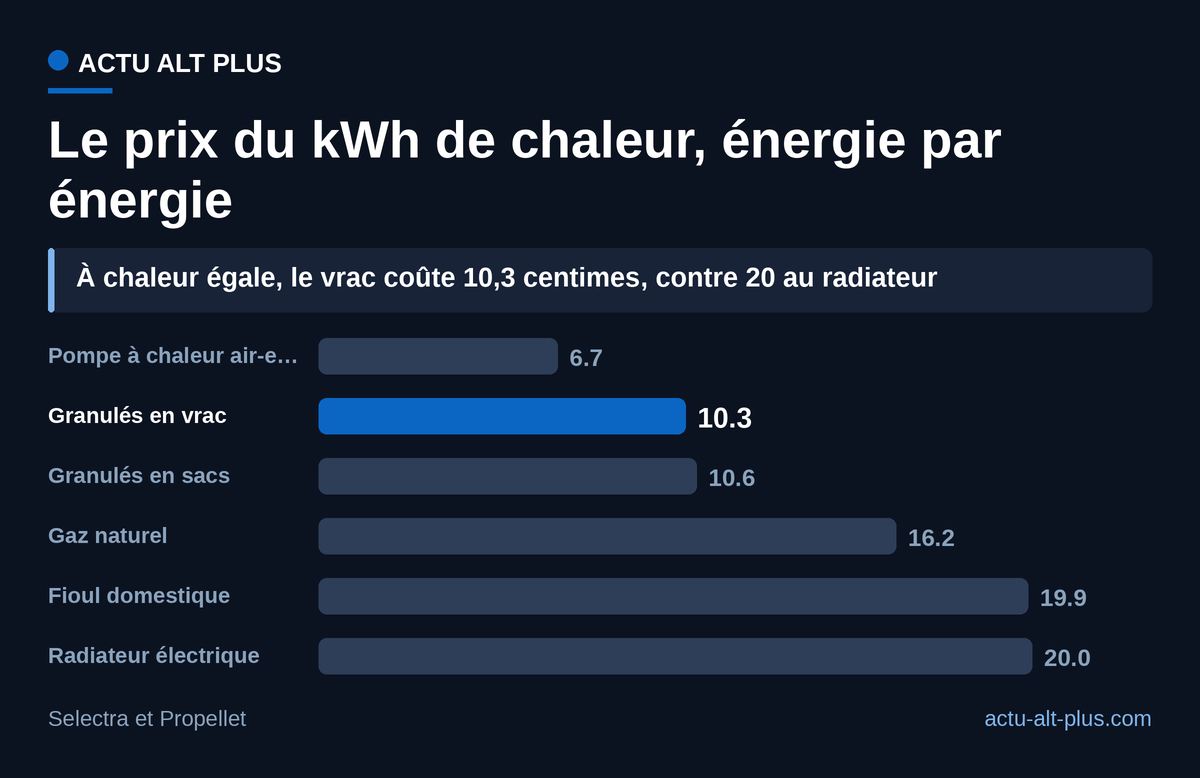Rendement compris, les granulés coûtent à peu près moitié moins que le radiateur électrique, et seule la pompe à chaleur fait mieux. Rendements retenus : 90 % pour les combustibles, 100 % pour le radiateur, COP 3 pour la pompe à chaleur.