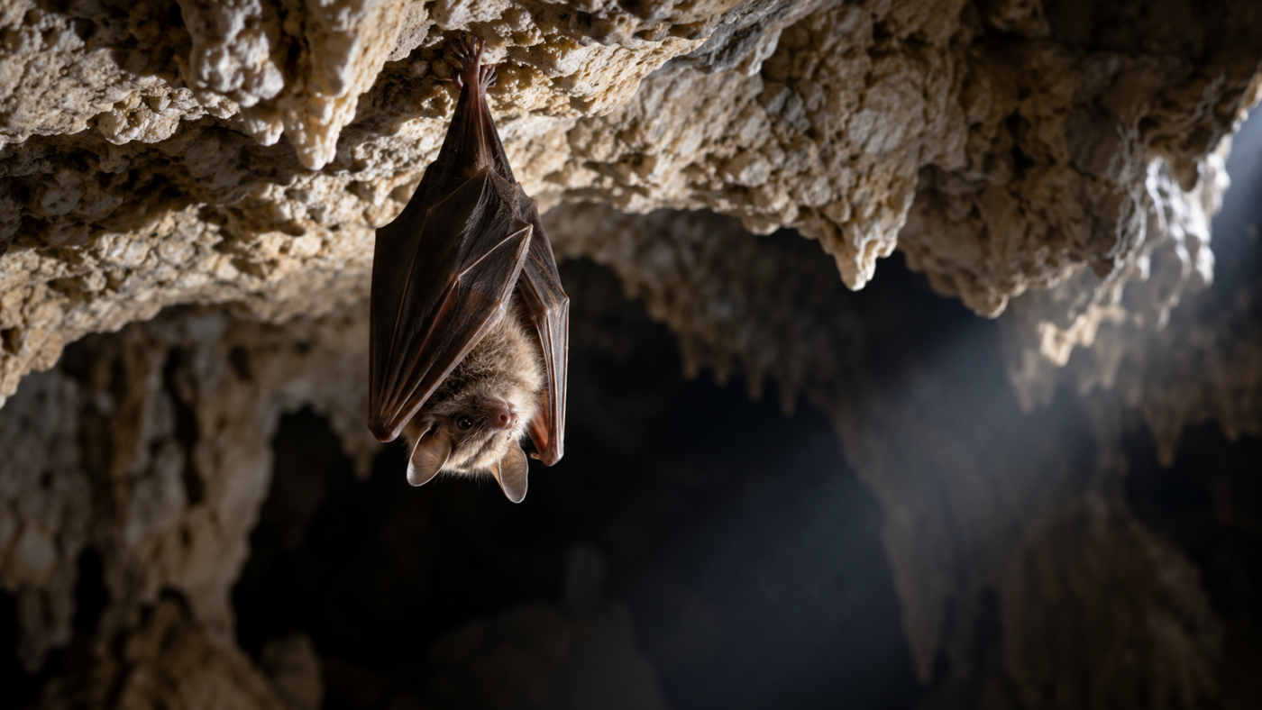 Une petite chauve-souris suspendue à la voûte calcaire d’une grotte sèche, ailes repliées contre le corps, dans un faisceau de lumière rasante.