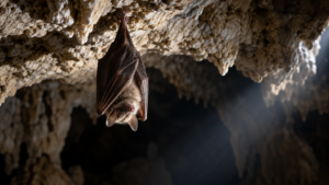 Une petite chauve-souris suspendue à la voûte calcaire d’une grotte sèche, ailes repliées contre le corps, dans un faisceau de lumière rasante.