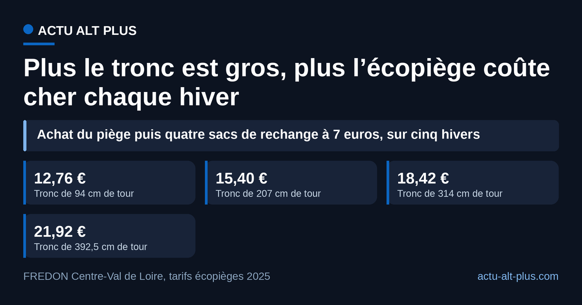 Sur cinq hivers, sac de rechange compris, un écopiège revient entre 12,76 et 21,92 euros par saison selon le tour du tronc (coûts calculés par nos soins).