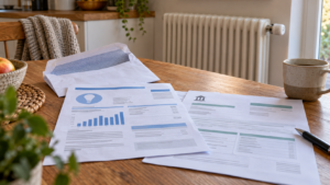 Une enveloppe ouverte, une facture d’électricité et un avis d’imposition posés sur une table de cuisine, devant un radiateur