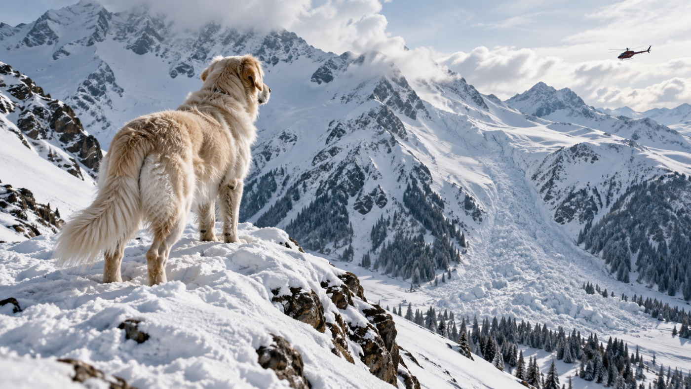 Chienne au pelage clair debout seule sur une crête enneigée, coulée d’avalanche en contrebas et hélicoptère au loin