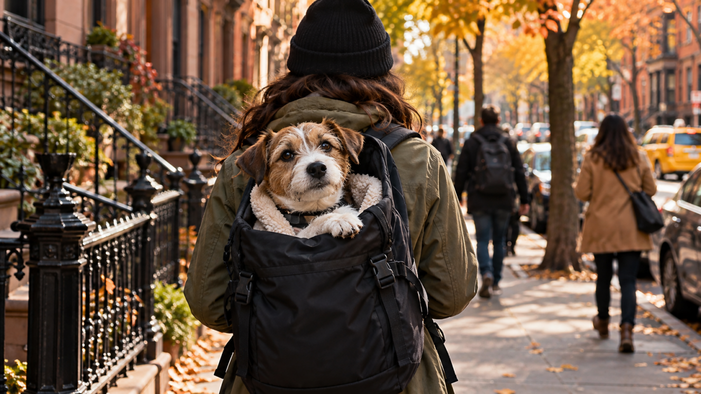 Un chien de refuge dépasse d'un sac à dos porté par un passant de dos, sur un trottoir de New York en automne