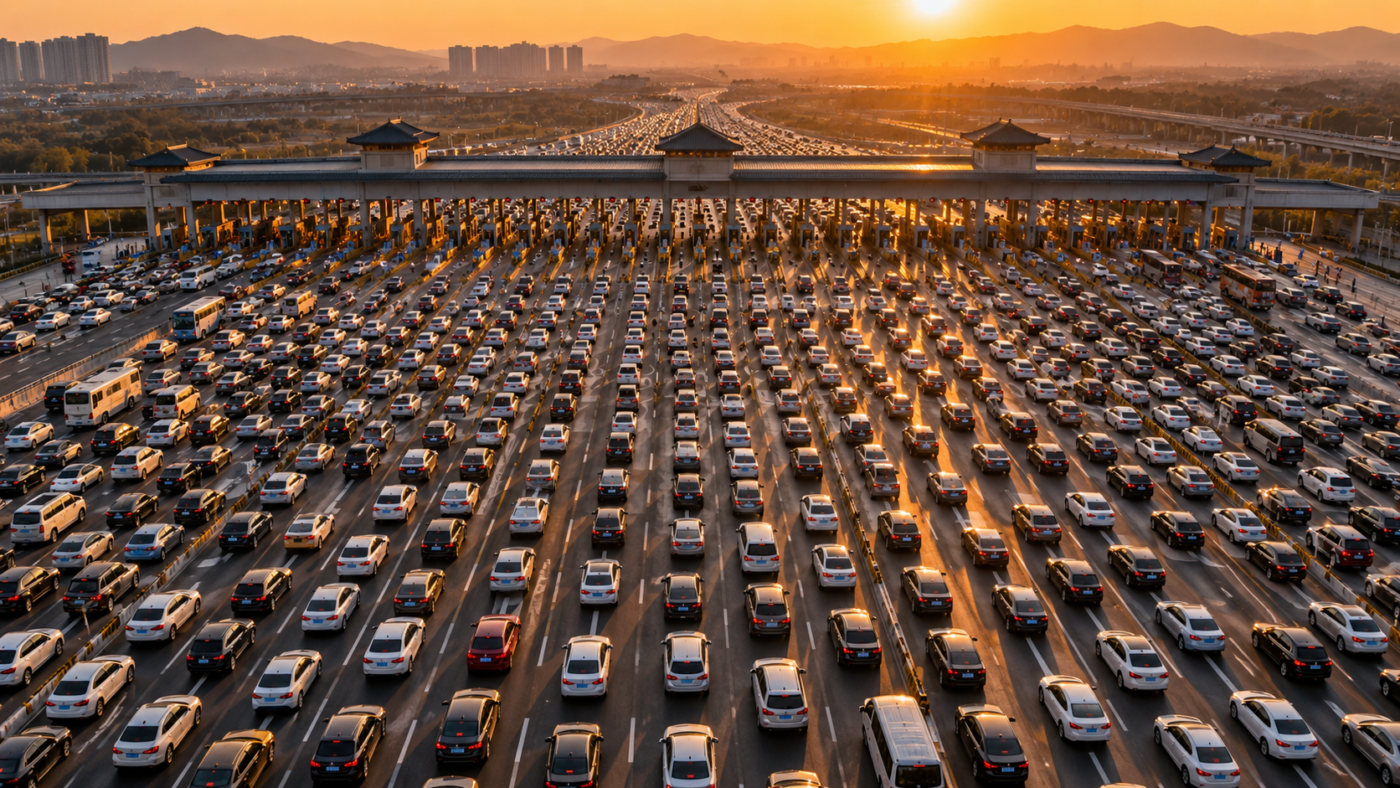 Vue aérienne d’une barrière de péage chinoise saturée de voitures, des dizaines de files qui se resserrent au coucher du soleil