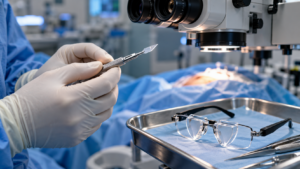 Mains gantées d’un chirurgien tenant un couteau à lame de diamant près d’un microscope opératoire, lunettes à verre fendu posées sur un plateau d’acier.