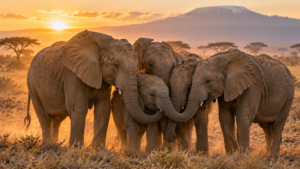 Cinq éléphantes d’Afrique rassemblées tête contre tête dans une savane sèche, au petit matin.