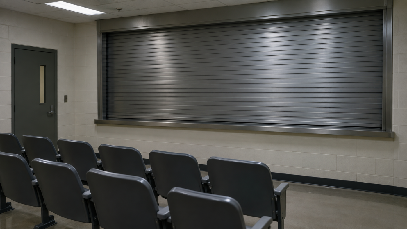Store métallique baissé devant une large vitre d’observation, dans une salle institutionnelle vide éclairée au néon.