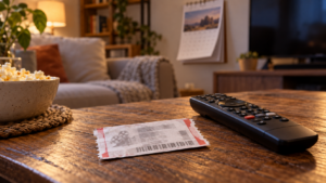 Un ticket de cinéma posé sur une table basse à côté d’une télécommande, devant un calendrier mural aux pages tournées