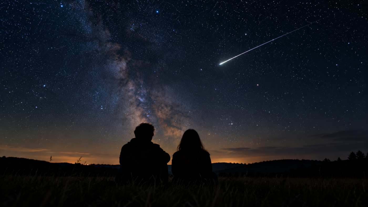 Deux silhouettes de dos, assises dans un champ sombre, regardent un ciel étoilé traversé par une traînée de météore.
