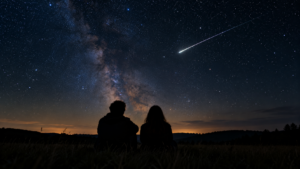 Deux silhouettes de dos, assises dans un champ sombre, regardent un ciel étoilé traversé par une traînée de météore.