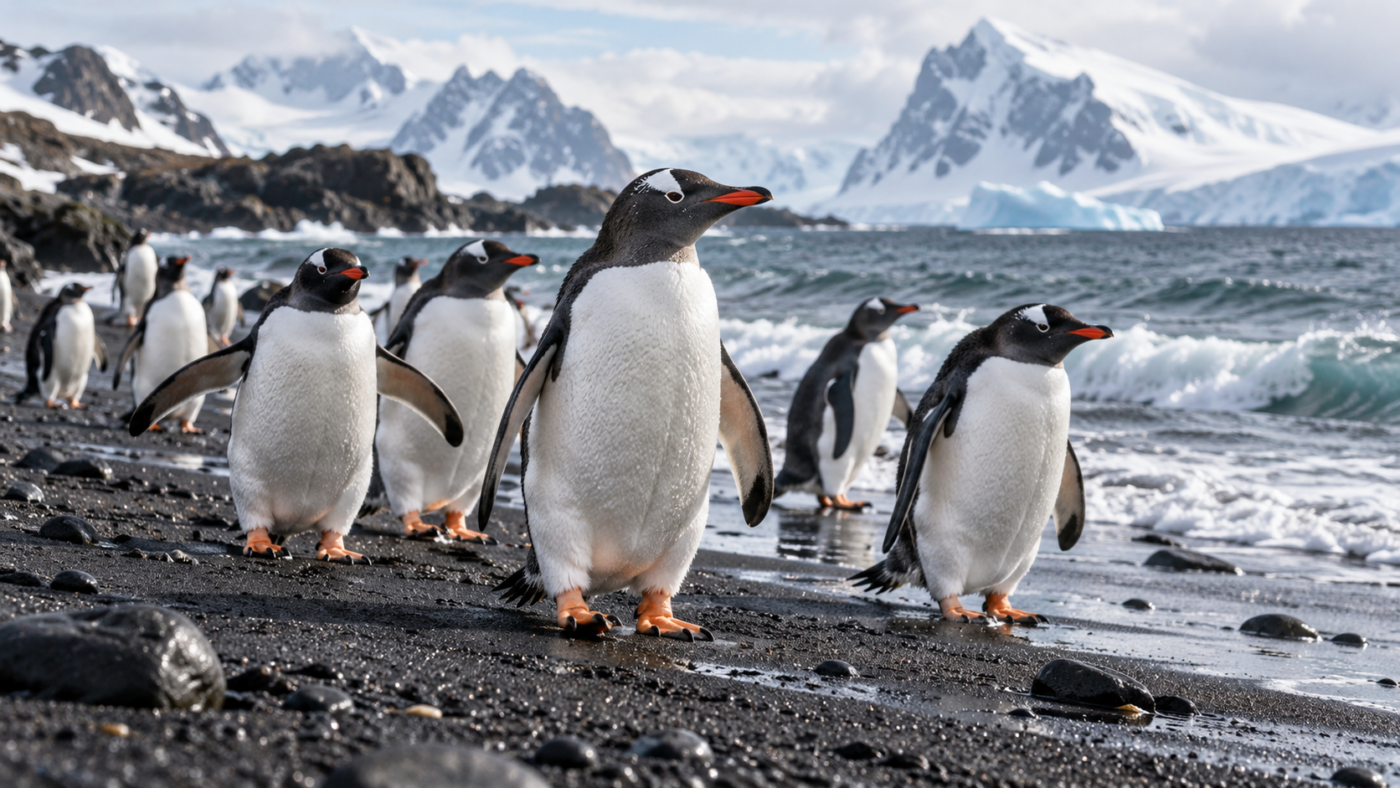 Des manchots papous sur une plage de sable volcanique noir, en Antarctique.